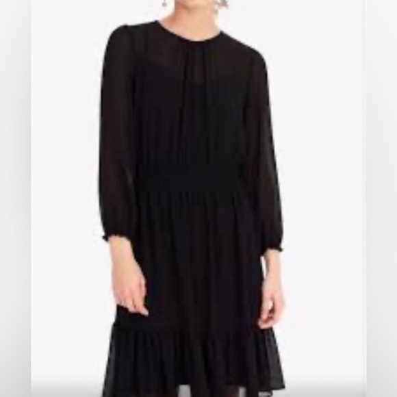 J Crew Black Dress Poly Sheer Lined Layered Cinch Waist Long Sleeved. VGUC Large - Picture 2 of 12